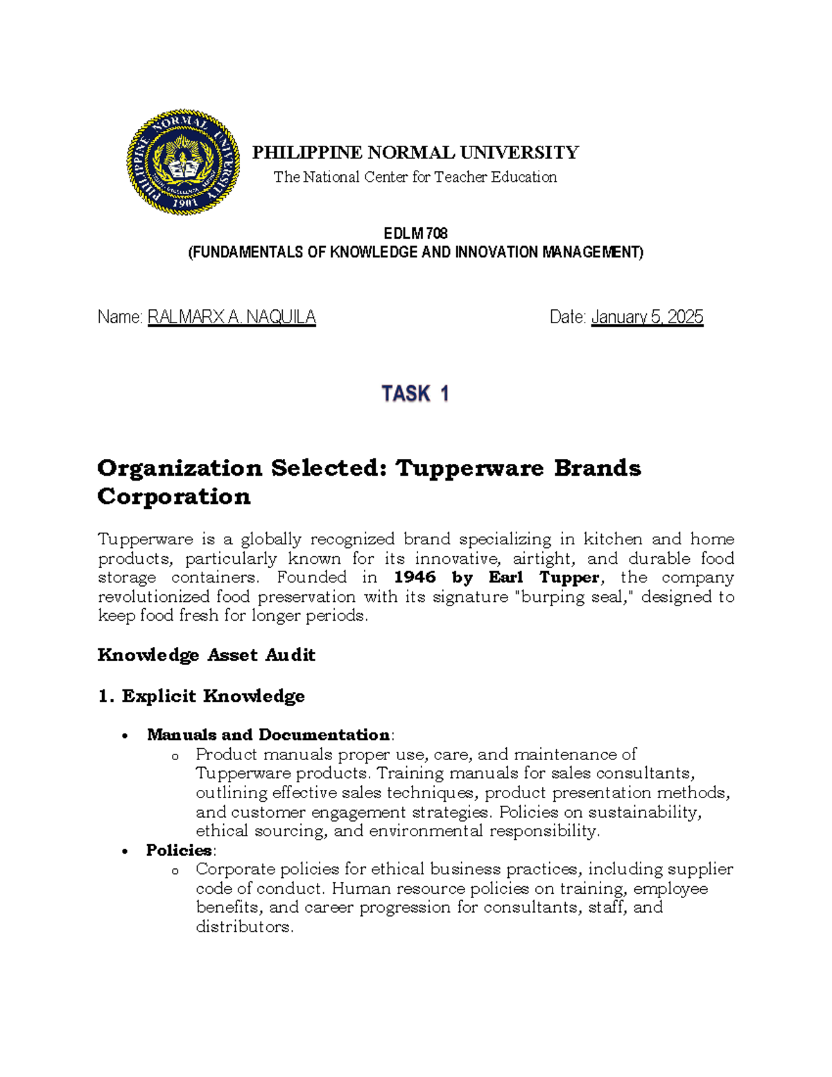Tupperware Brands - PHILIPPINE NORMAL UNIVERSITY The National Center ...