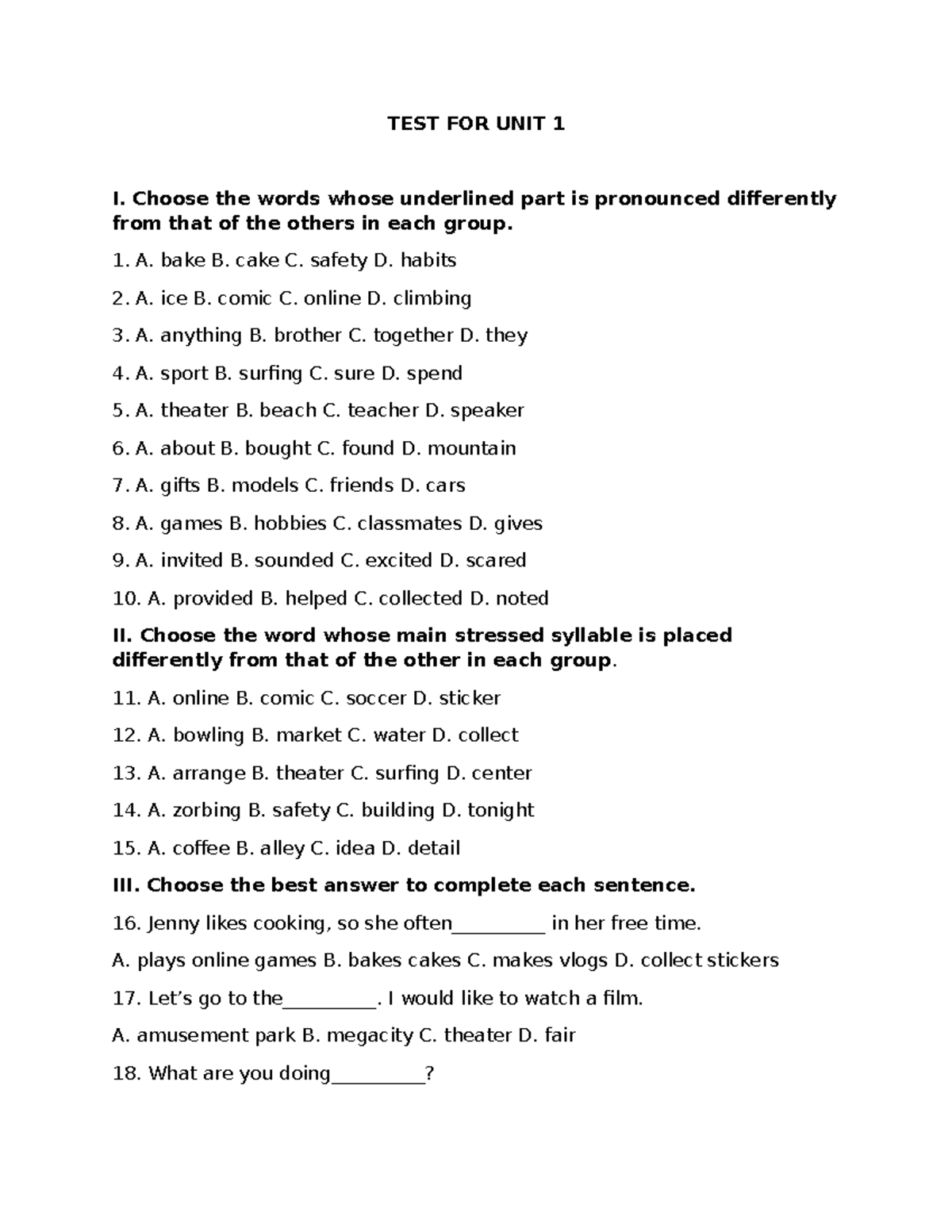 TEST FOR UNIT 1 - Pronunciation and Sentence Structure Exercises - Studocu