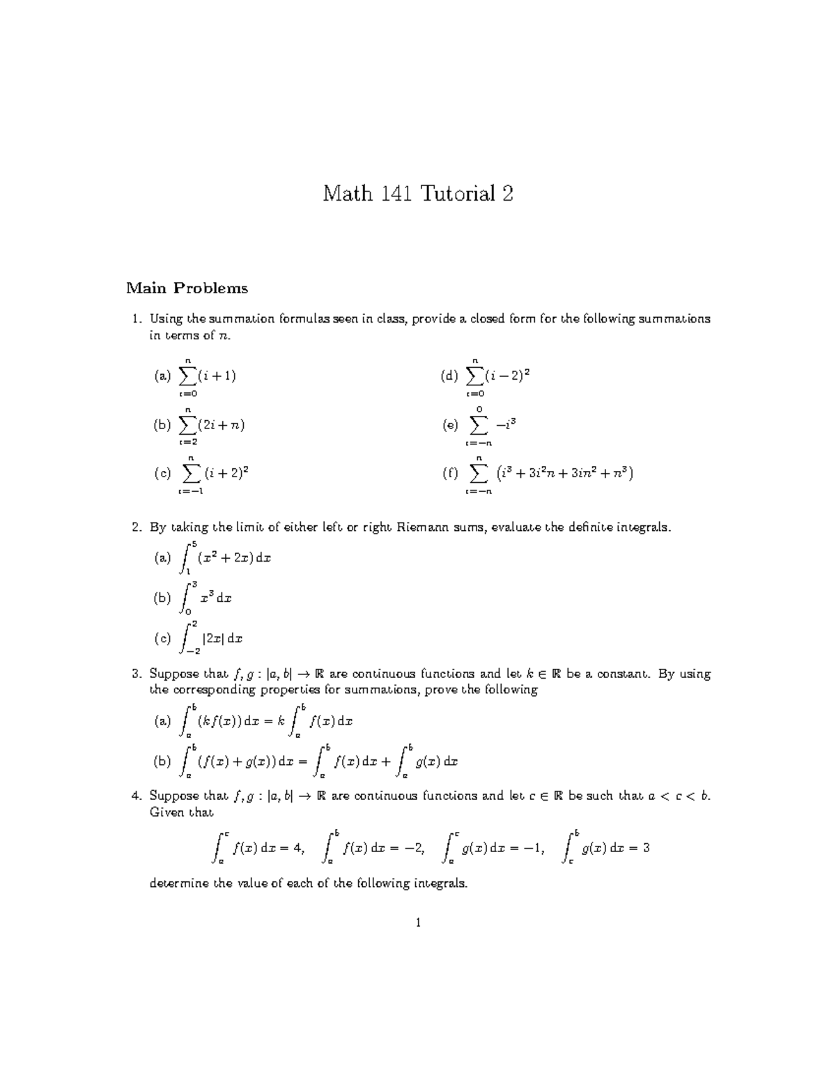 Tutorial 2 - Exercises - Math 141 Tutorial 2 Main Problems Using the ...