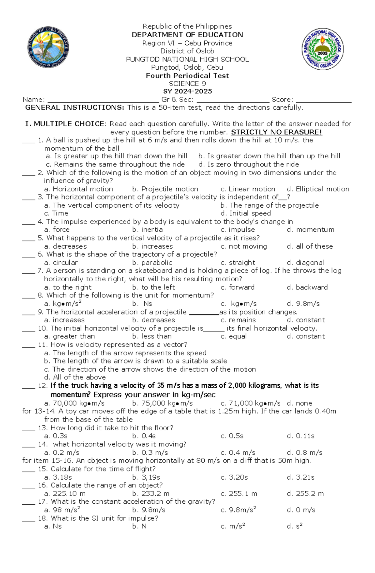 Science 9 - Fourth Periodical Test Review and Practice Questions - Studocu