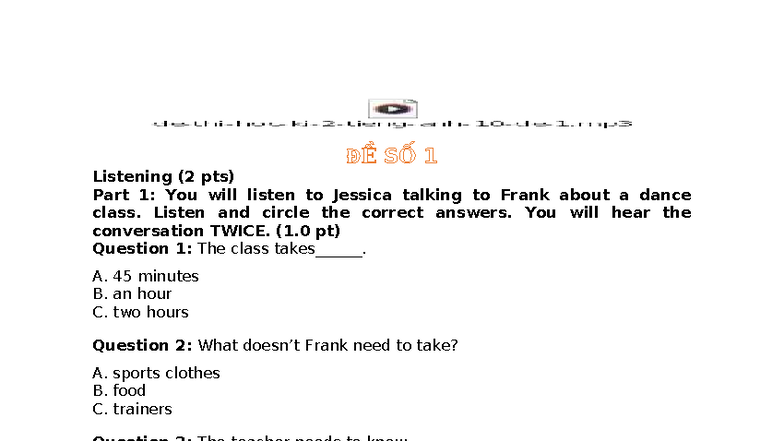 ĐỀ SỐ 1: Final Test Listening & Reading - TIẾNG ANH 10 - Studocu