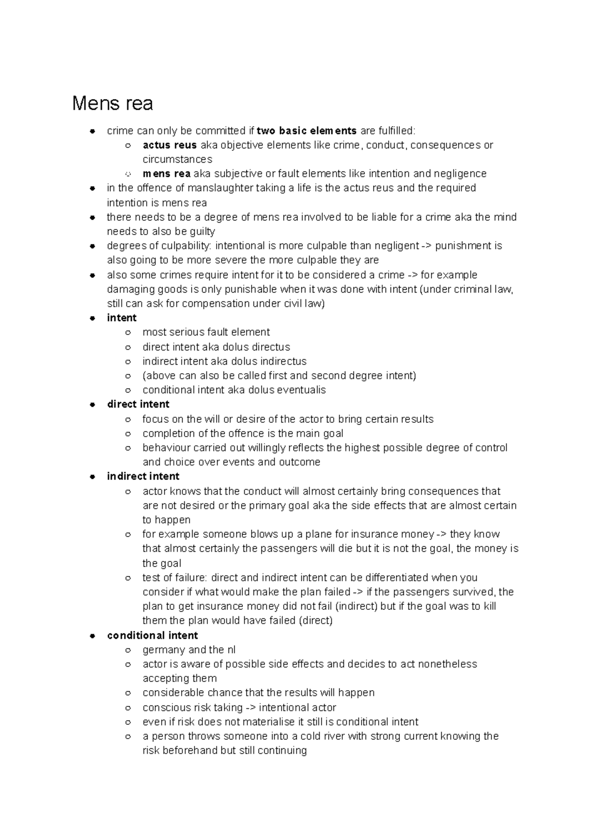Mens Rea: Key Concepts and Elements in Criminal Law Notes - Studeersnel
