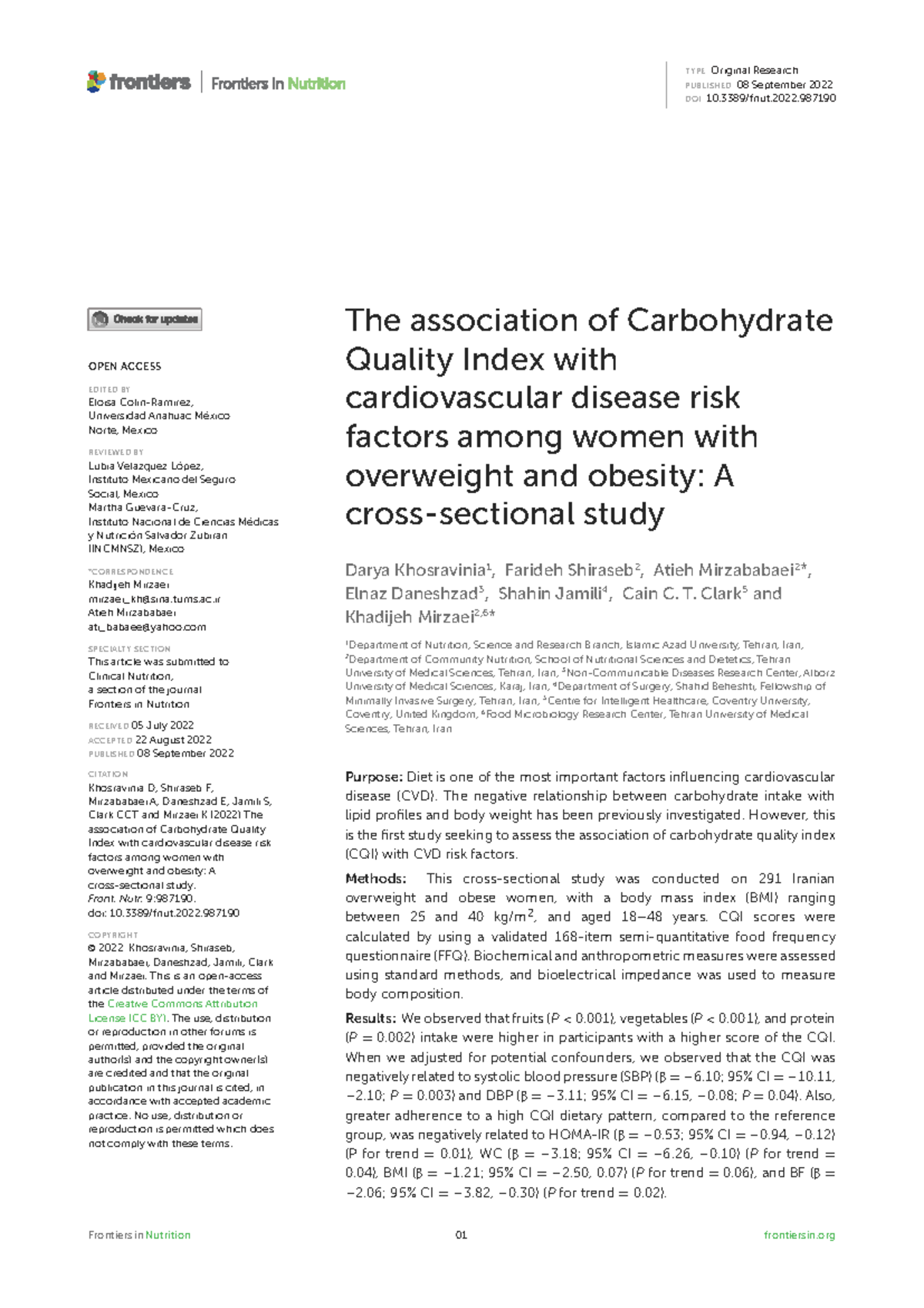 The Association of Carbohydrate Quality Index with CVD Risk Factors in ...