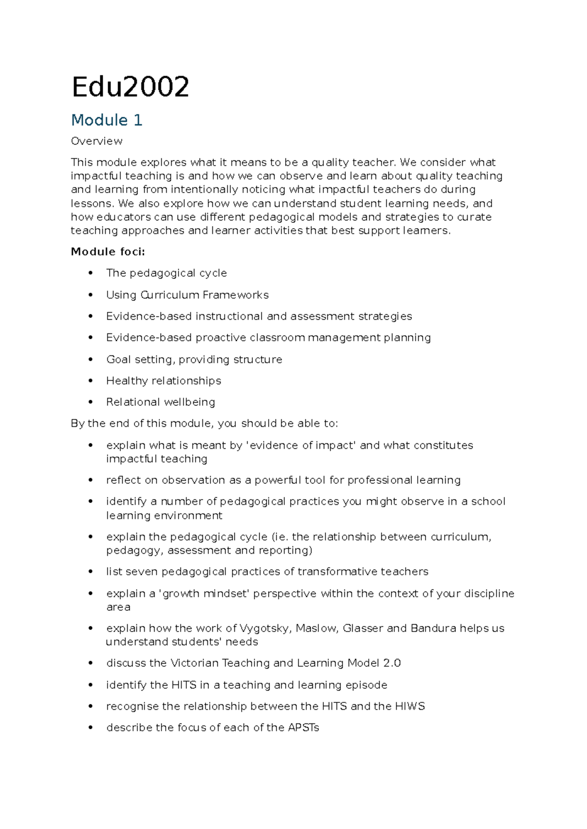 Edu2002 Module 1: Understanding Impactful Teaching Practices - Studocu