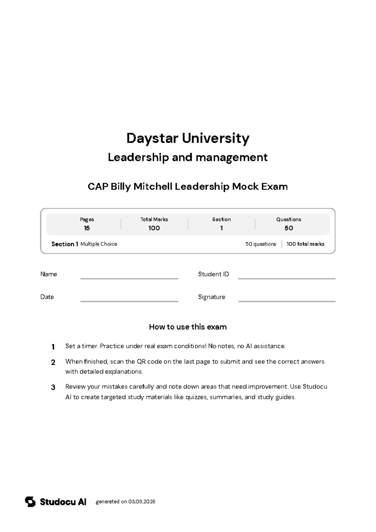 CAP Billy Mitchell Leadership Mock Exam - Studocu