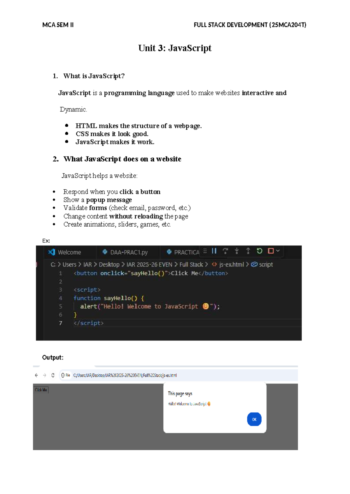 MCA SEM II FULL STACK DEVELOPMENT (25MCA204T) Unit 3: JavaScript ...