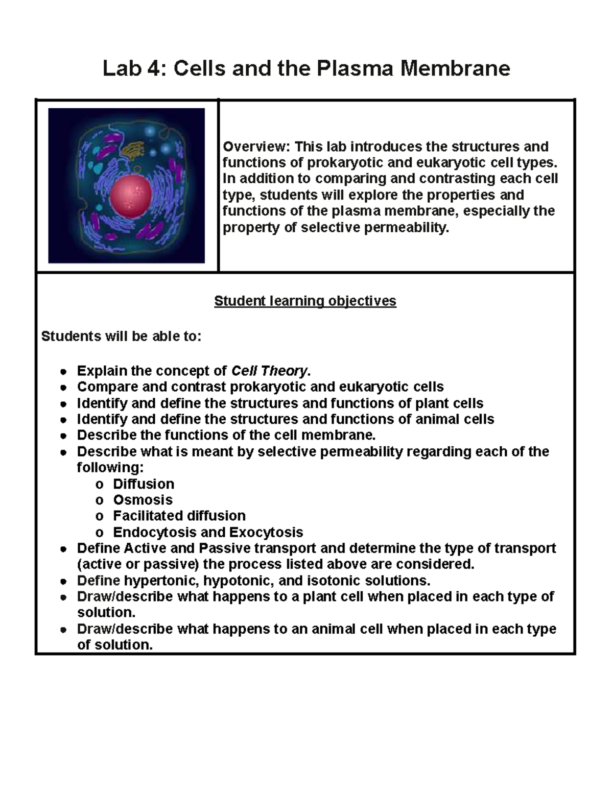 Lab 4: Exploring Cell Types & Plasma Membrane Functions (BIO 1406 ...
