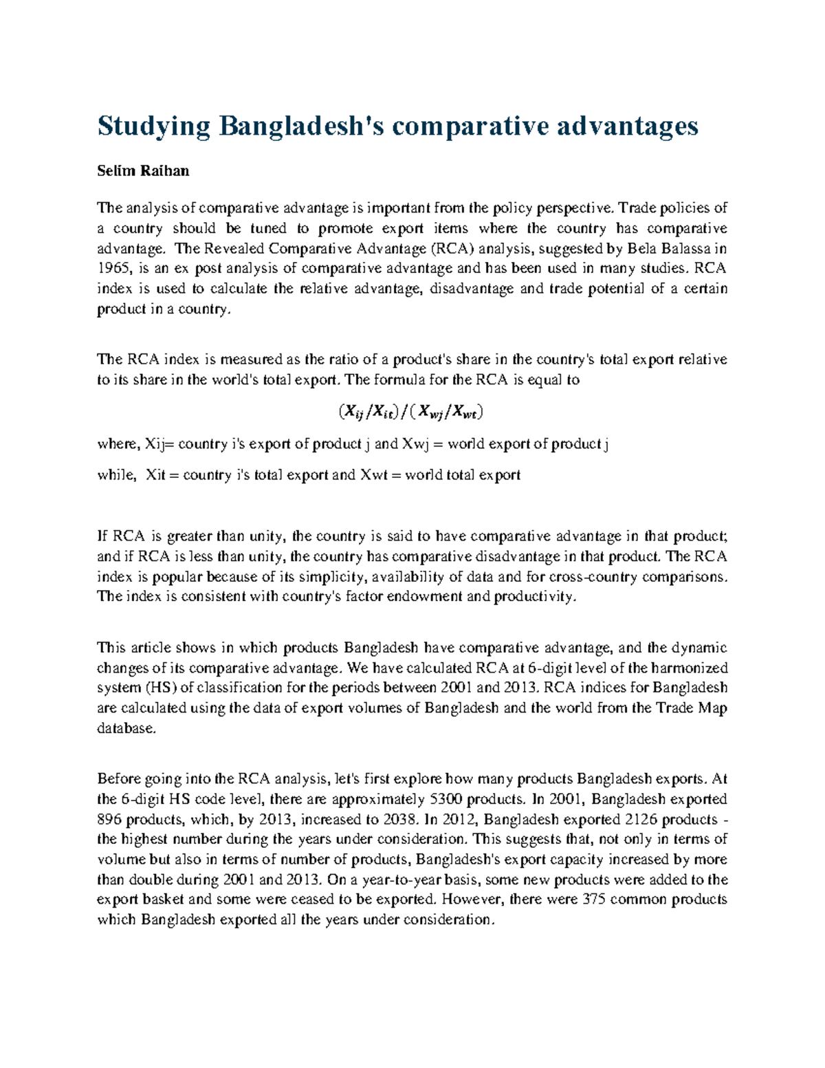 Bangladesh's RCA Analysis: Comparative Advantage Insights (Ref2) - Studocu