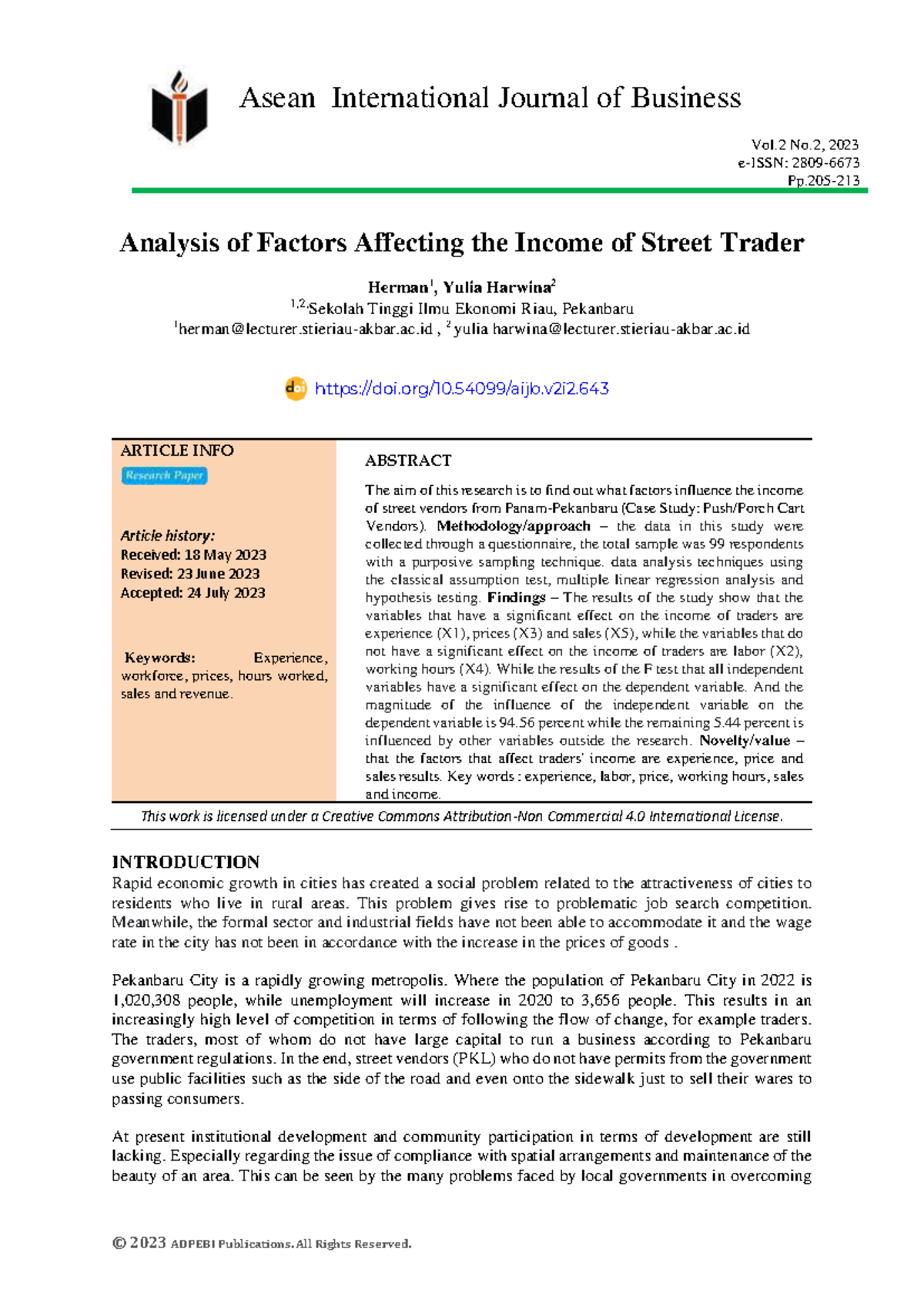 Analysis of Factors Influencing Street Vendor Income (Case Study: Cart ...