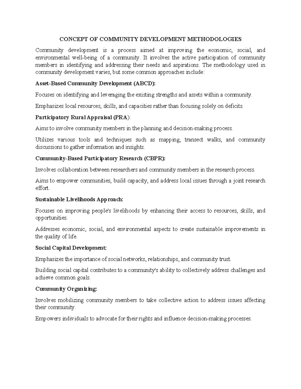 Community Development Methodologies: Key Concepts and Approaches - Studocu
