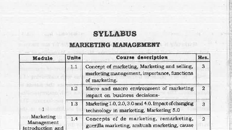MARKETING MANAGEMENT SYLLABUS: Concepts & Strategies Overview - Studocu
