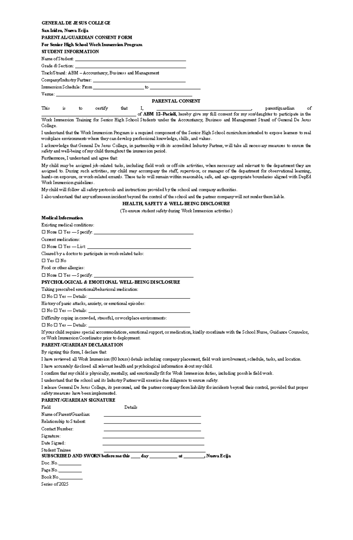 Parental Consent Form for SHS Work Immersion Program (ABM) 2025-2026 ...