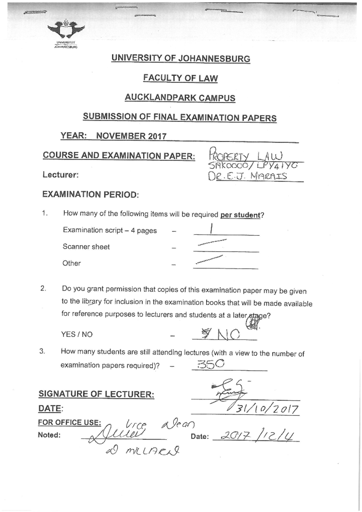 Final Exam Paper: Property Law LPY41Y0 - November 2017 - Studocu