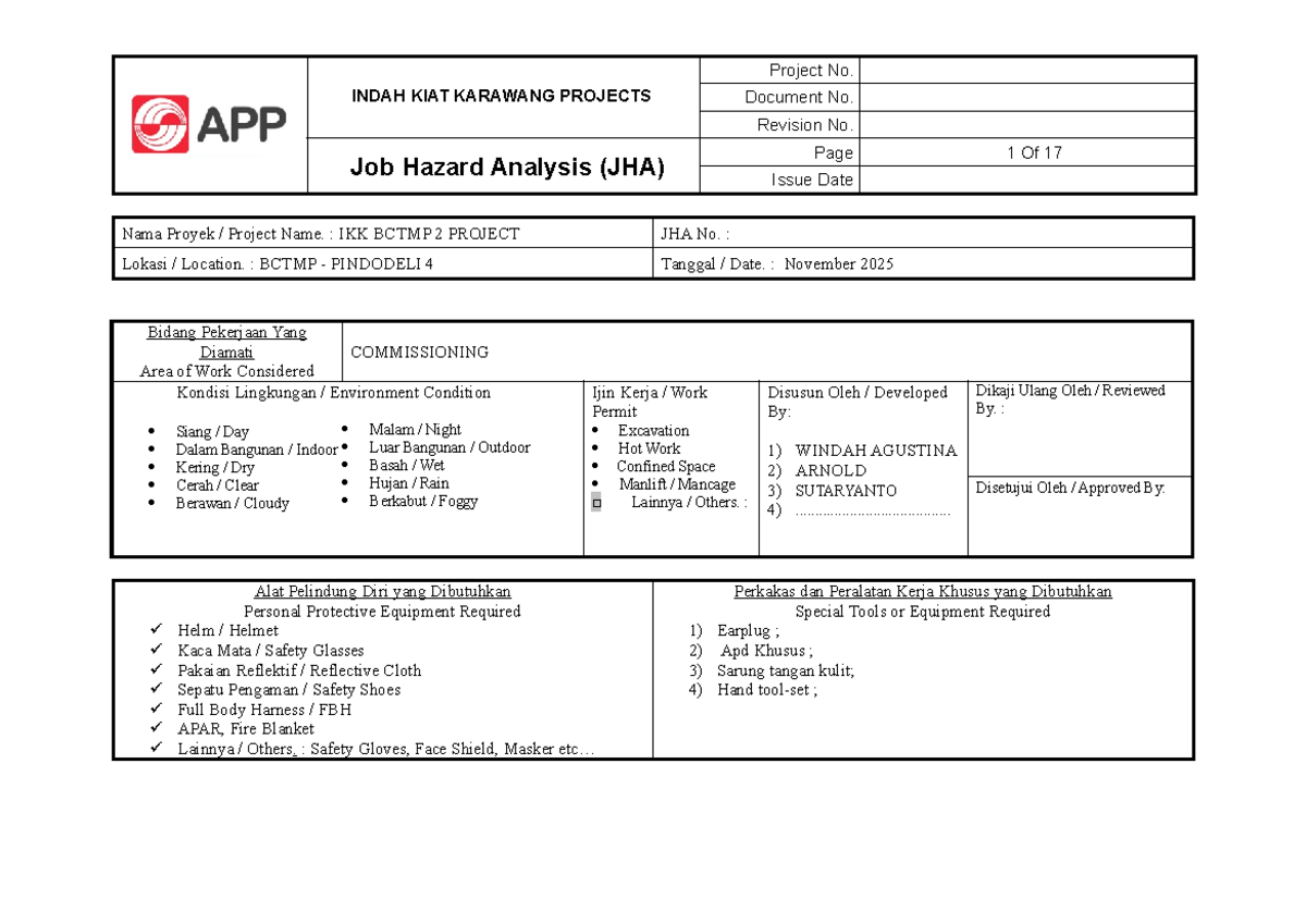 Job Hazard Analysis (JHA) for IKK BCTMP 2 Project - Commissioning - Studocu