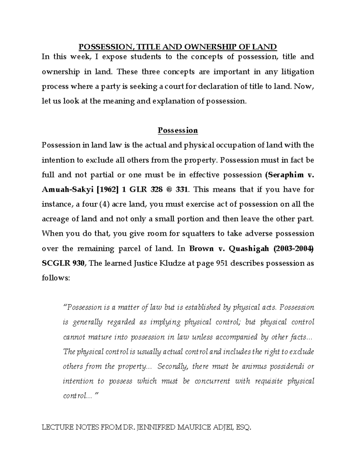 Lecture Notes I - Concepts of Possession, Title & Ownership in Land ...