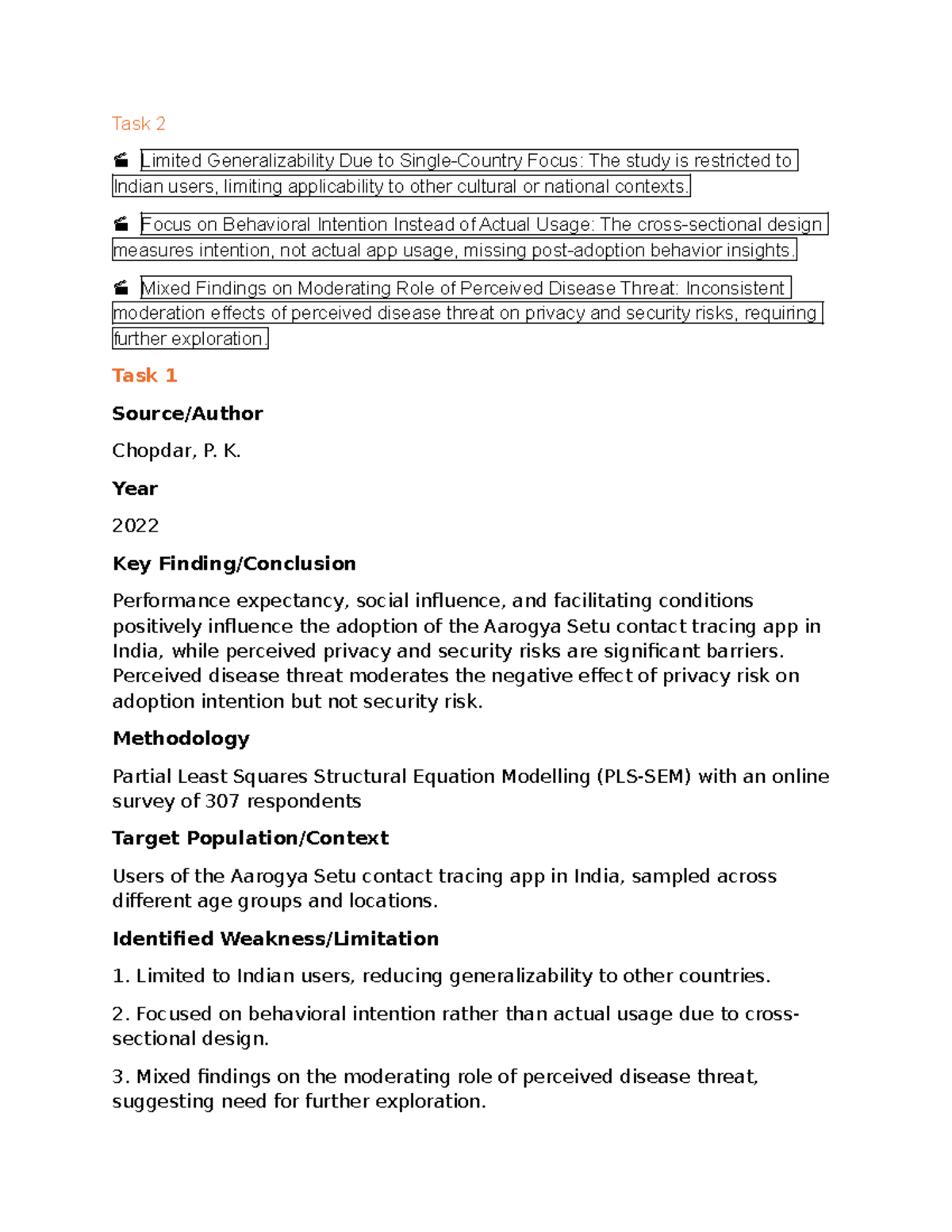 Task 2: Limited Generalizability & Behavioral Intention Insights - Studocu