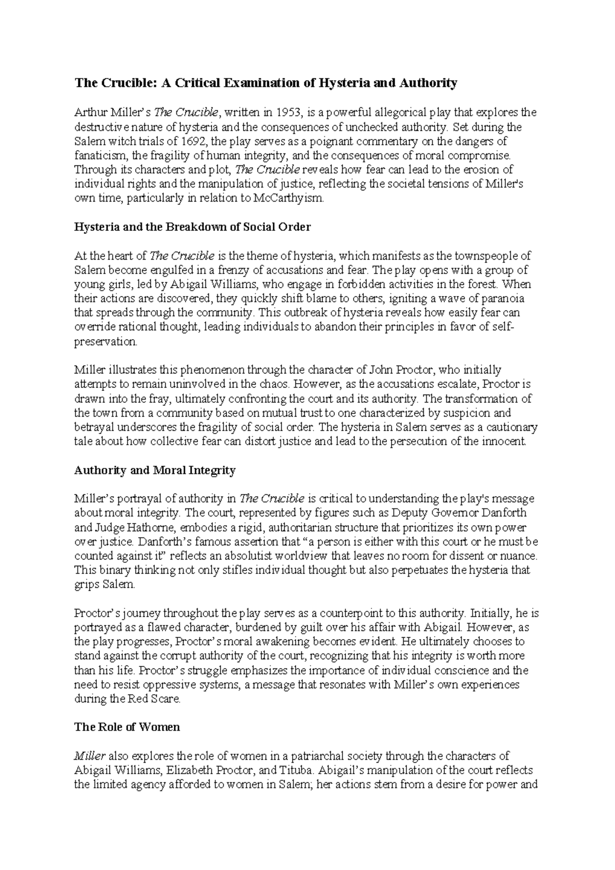 ENG 101: The Crucible - Analyzing Hysteria and Authority Dynamics - Studocu