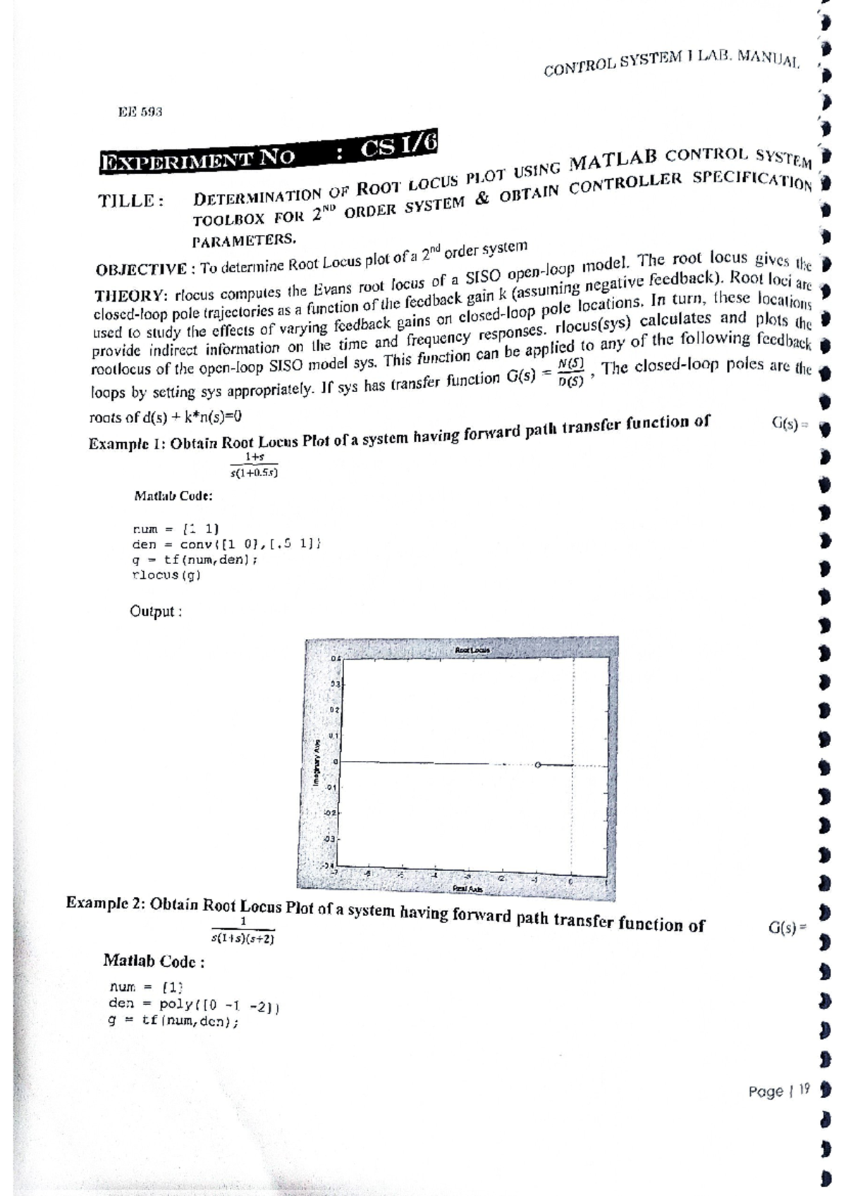 CONTROL SYSTEM I LAB MANUAL EE 593: Root Locus & Nyquist Plot ...