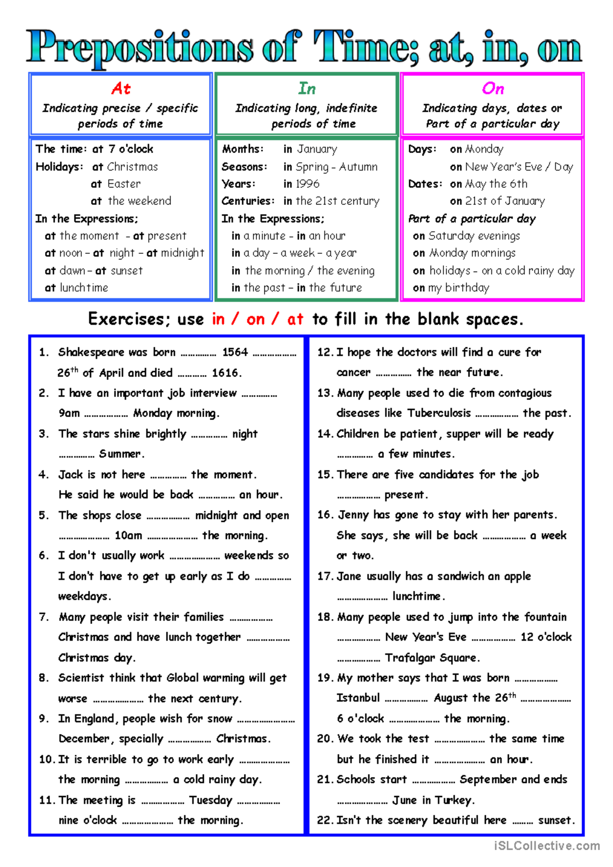 Prepositions OF TIME - Prepo - Exercises; use in / on / at to fill in ...