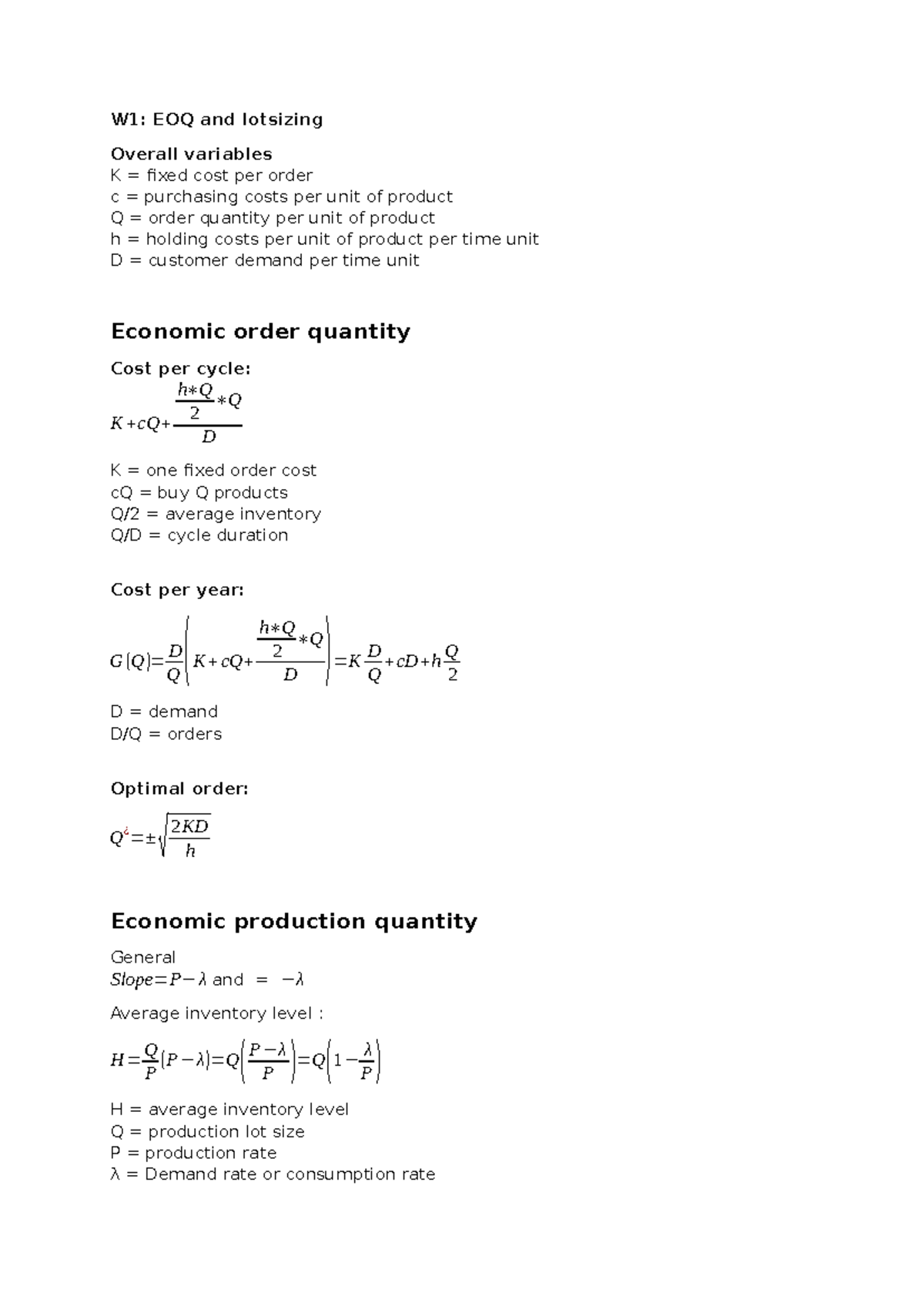 W1: EOQ and Lotsizing Formulas for Inventory Management - Studeersnel