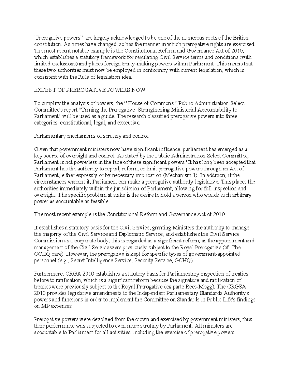 Royal Prerogative: Analyzing Powers and Parliamentary Oversight Essay ...
