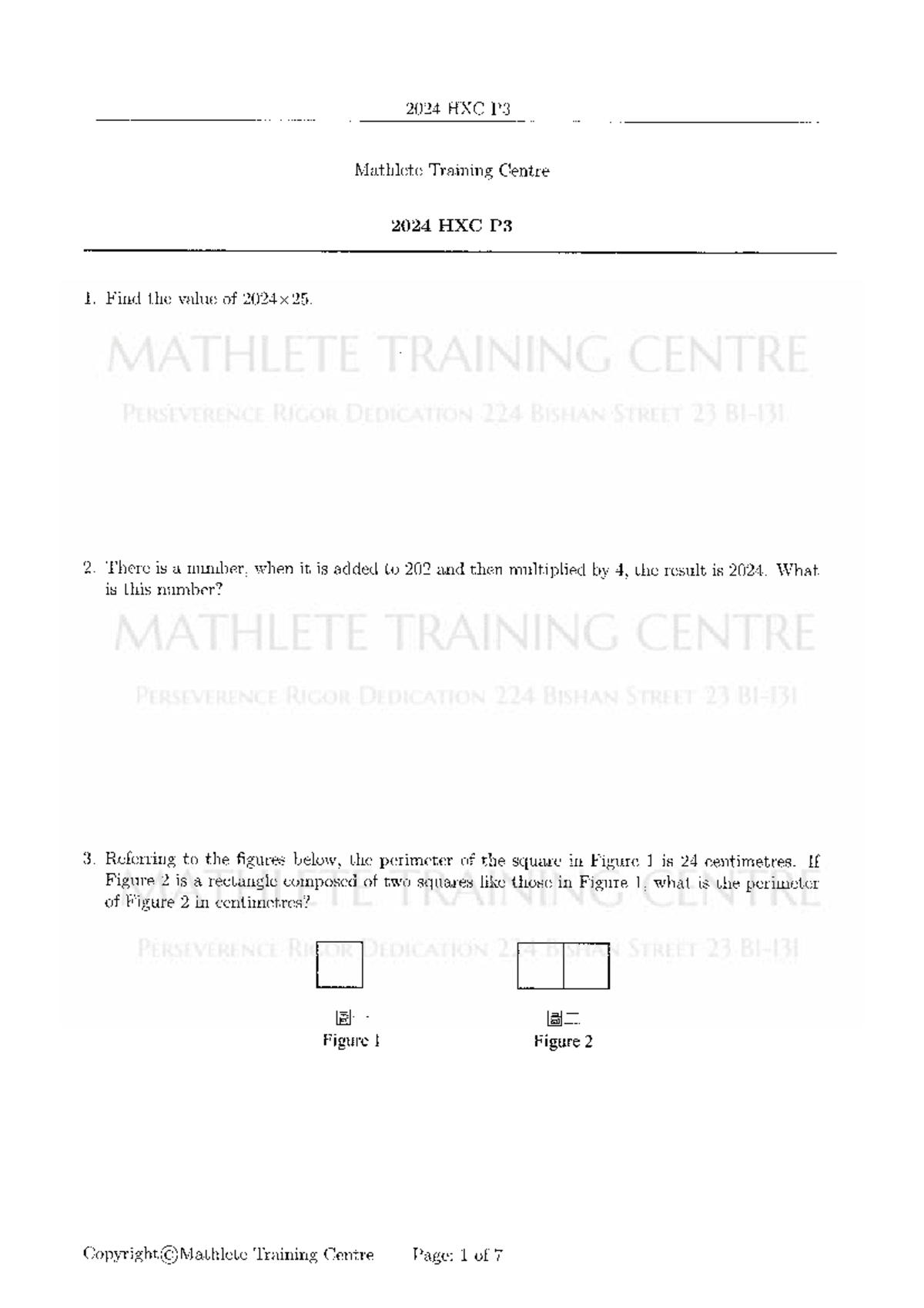 MTC 2024 P3 HXC Mock Paper - Mathlete Training Centre Exercises - Studocu