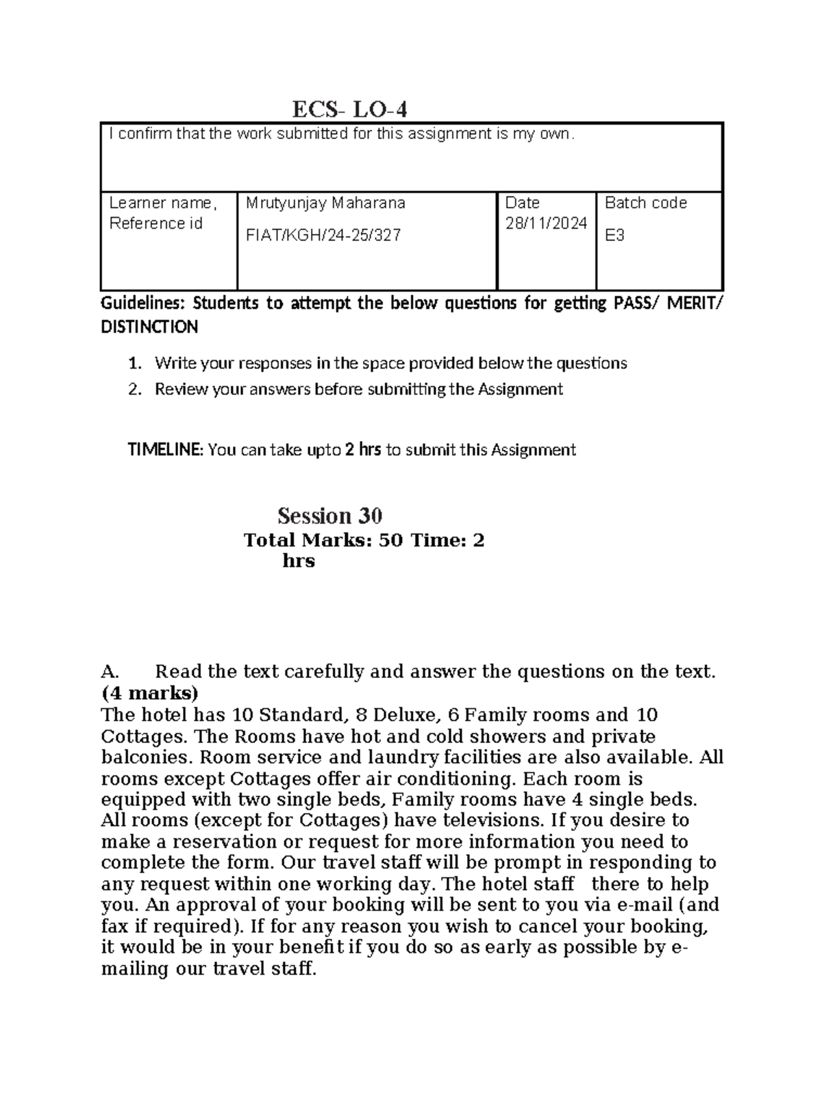 ECS-LO-4 Assignment: Distinction Questions & Story Writing Guide - Studocu