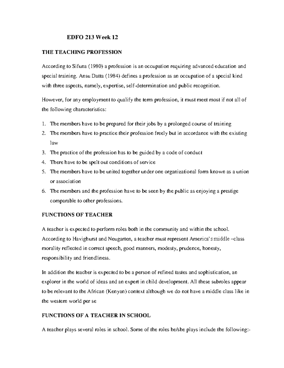 EDFO 213 Week 12 - The Role and Functions of Teachers in Education ...