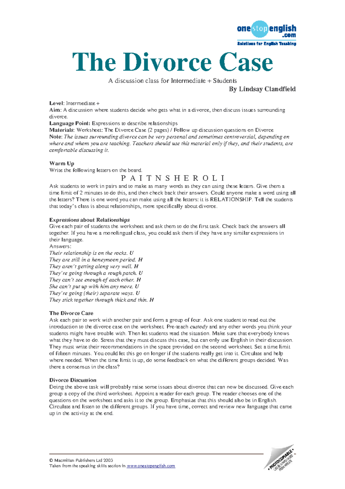 Divorce Case Discussion: Group Activity for Intermediate Students - Studocu