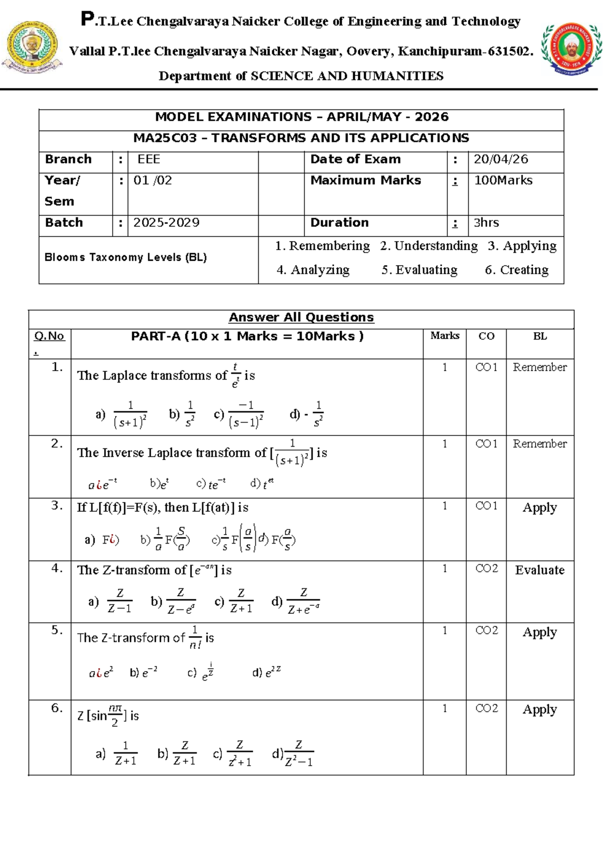 MA25C03 - Transformations & Applications Model Exam QP 2026 - Studocu
