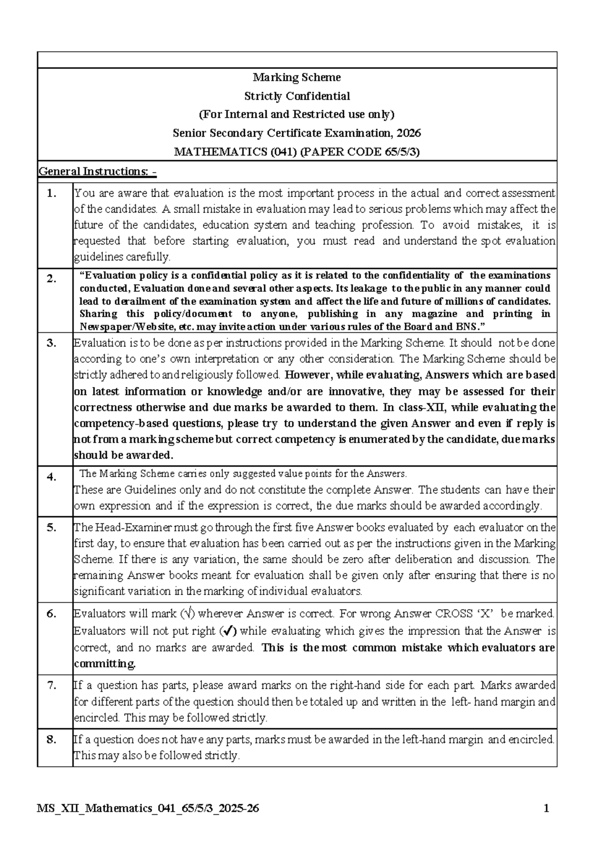 Marking Scheme for Senior Secondary Certificate Examination 2026 ...