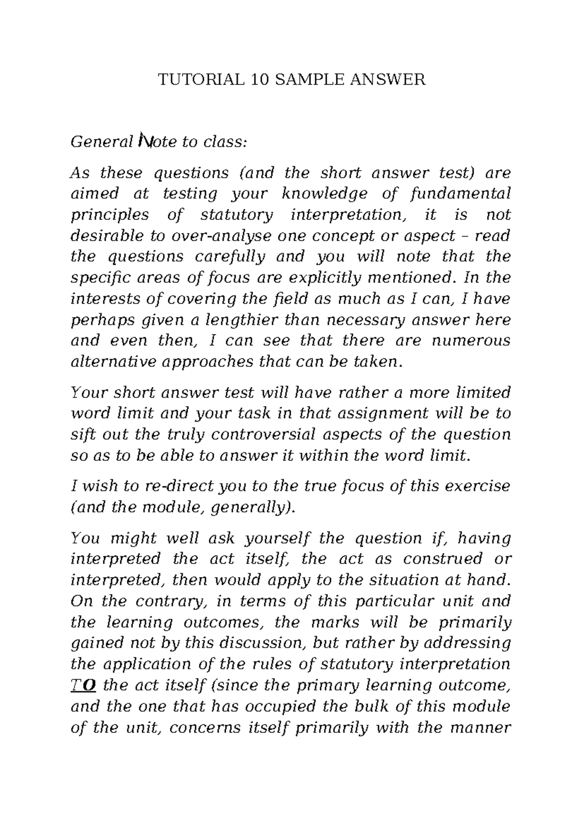 LAW1116 - Tutorial Activity 10 Sample Answers & Key Interpretations ...