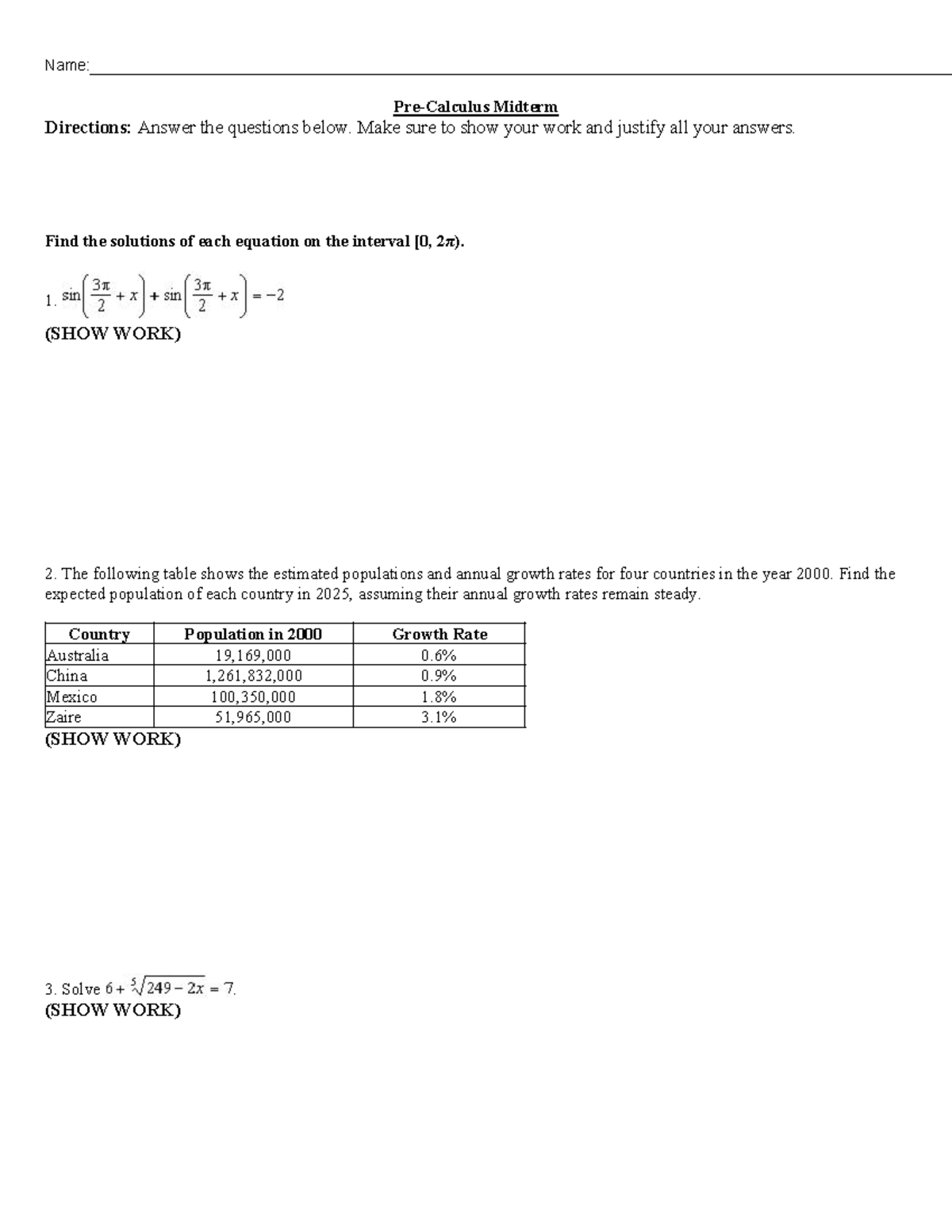 Pre Calculus Part 1 Midterm Exam Directions and Solutions - Studocu