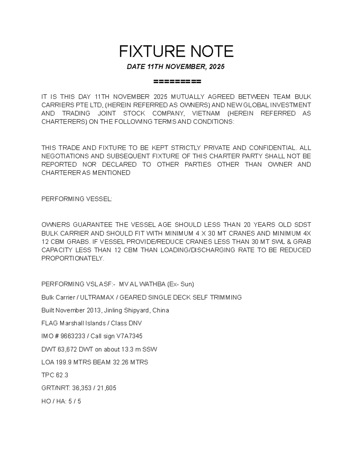 Fixture Note of MV AL Wathba - Team Bulk Carriers PTE LTD & New Global ...