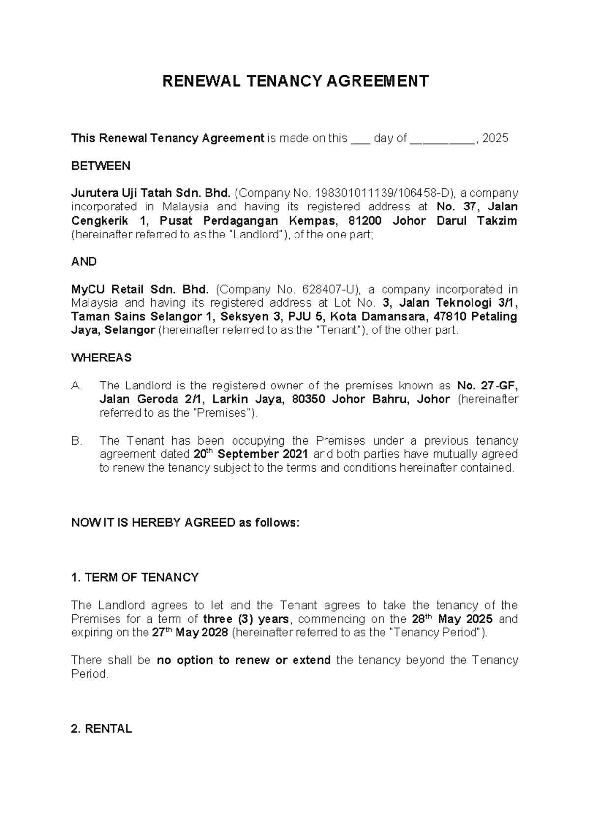 Renewal Tenancy Agreement (2025) - Jurutera Uji Tatah Sdn. Bhd. - Studocu