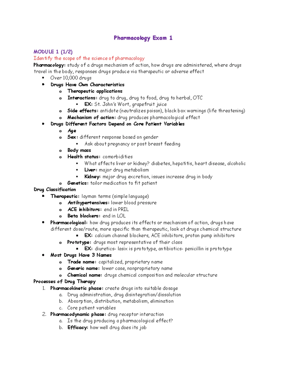 Pharmacology Exam 1 Review: Key Drug Concepts & Teaching Points - Studocu
