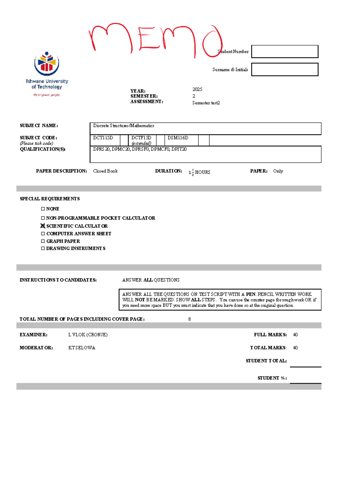 DCT115D Discrete Mathematics Semester Test 2 Memo 2025 - Studocu
