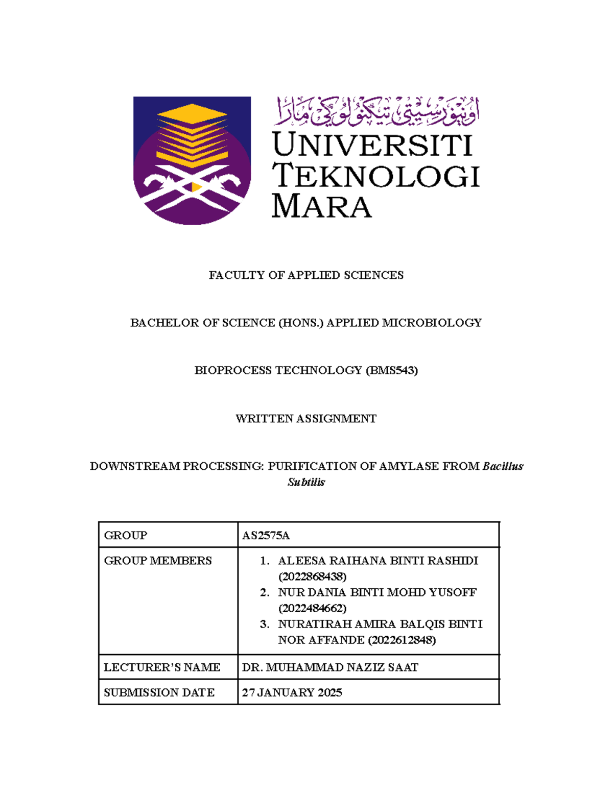 Purification of Amylase from Bacillus subtilis - Written Assignment ...