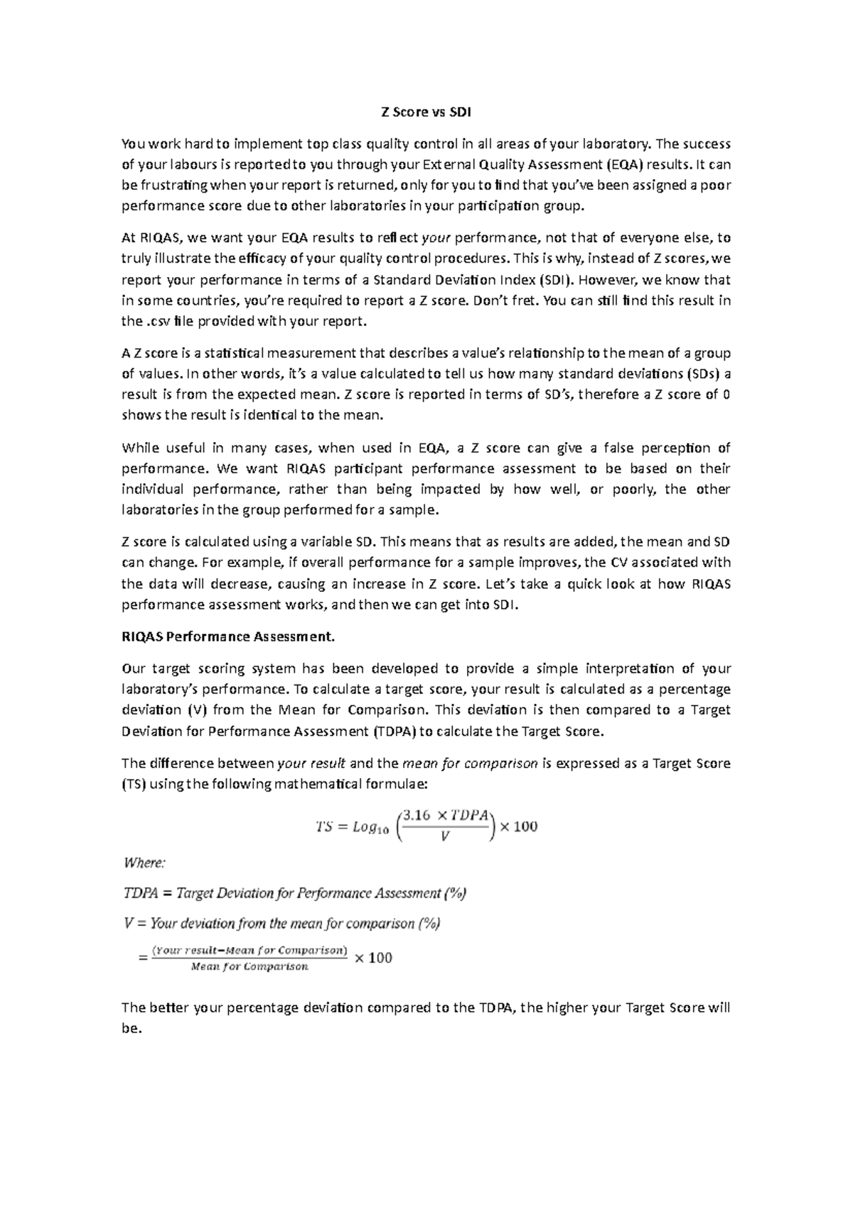 Z Score vs SDI: Understanding Performance Assessment in EQA - Studocu