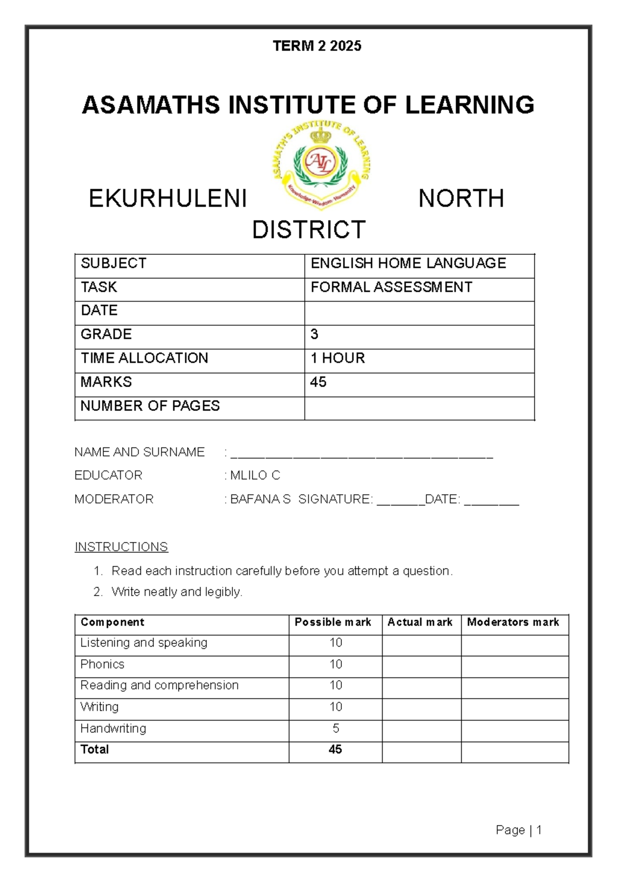 Grade 3 English Home Language Formal Assessment - Term 2 2025 - Studocu