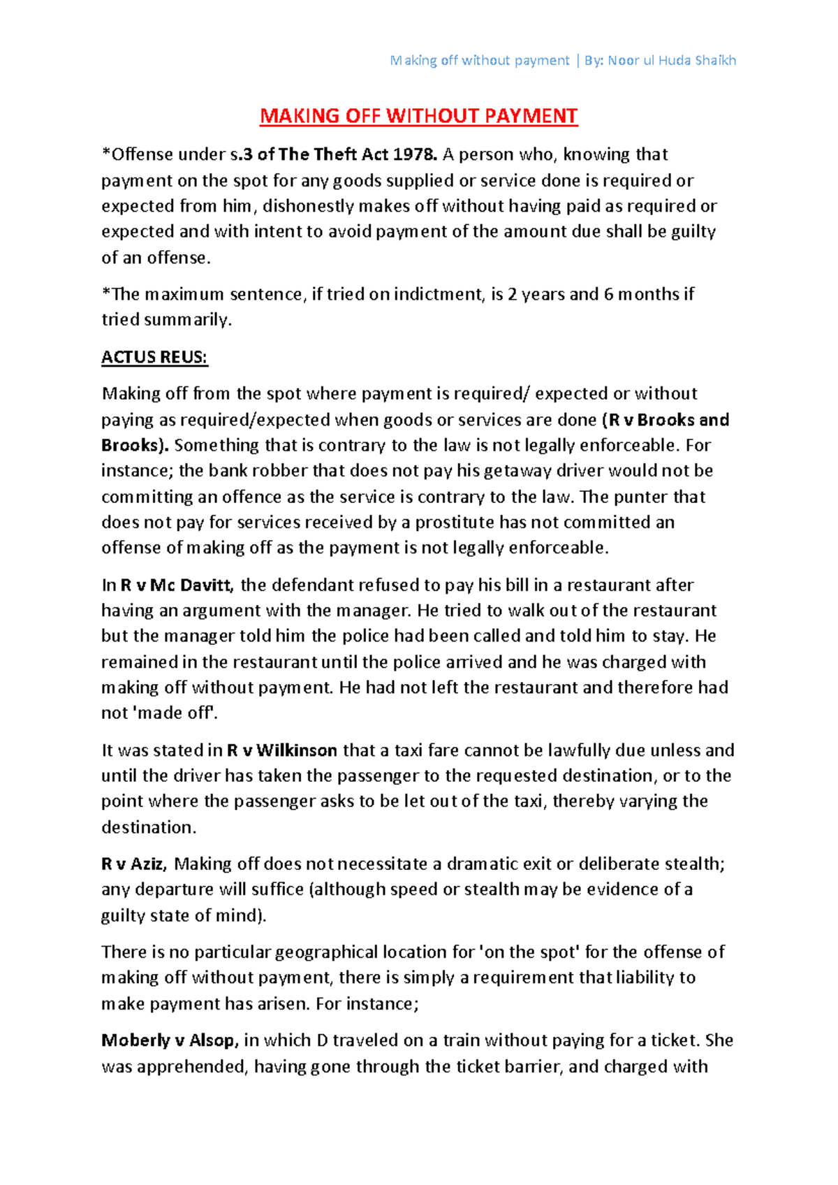 Making Off Without Payment: Legal Analysis under The Theft Act 1978 ...
