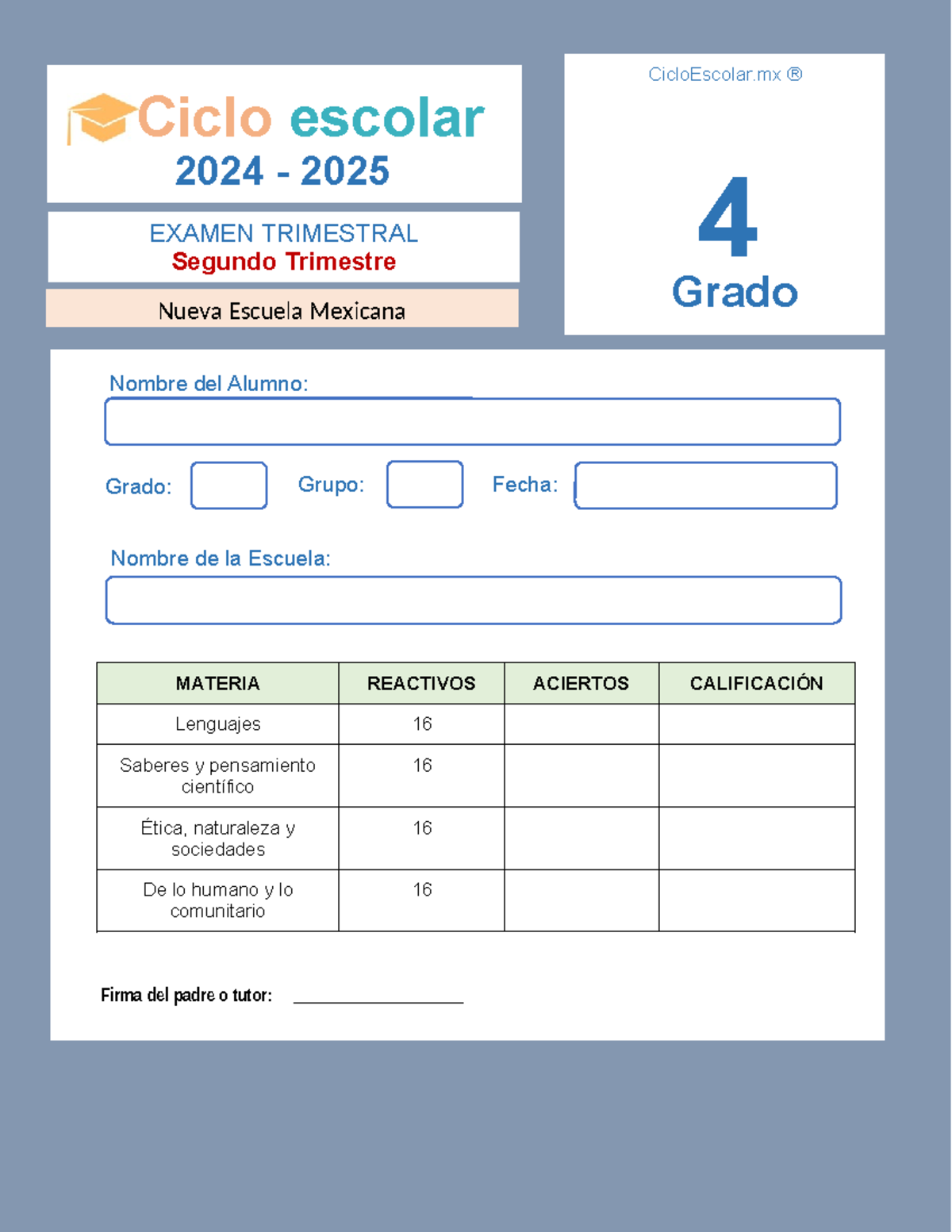 4to Grado EXAMEN TRIMESTRAL 2 Ciclo Escolar 2024-2025 - Studocu