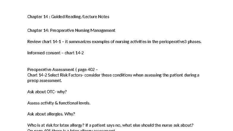 Chapter 14: Guided Reading Notes on Preoperative Nursing Management ...