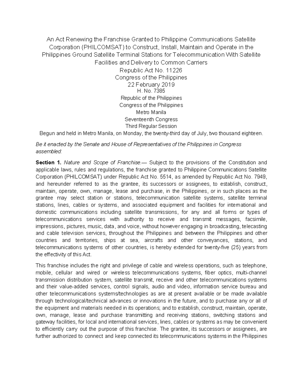 W8 RA 11226 - Renewal of PHILCOMSAT Franchise Act - Studocu
