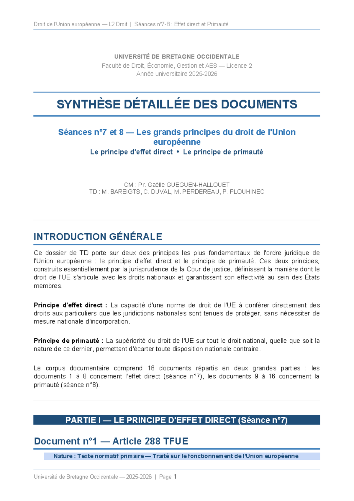 Synthèse Droit UE L2 : Effet Direct et Primauté des Normes - Studocu