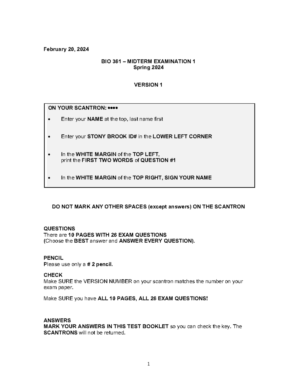 BIO 361 Spring 2024 MIDTERM EXAMINATION 1 Practice Questions - Studocu