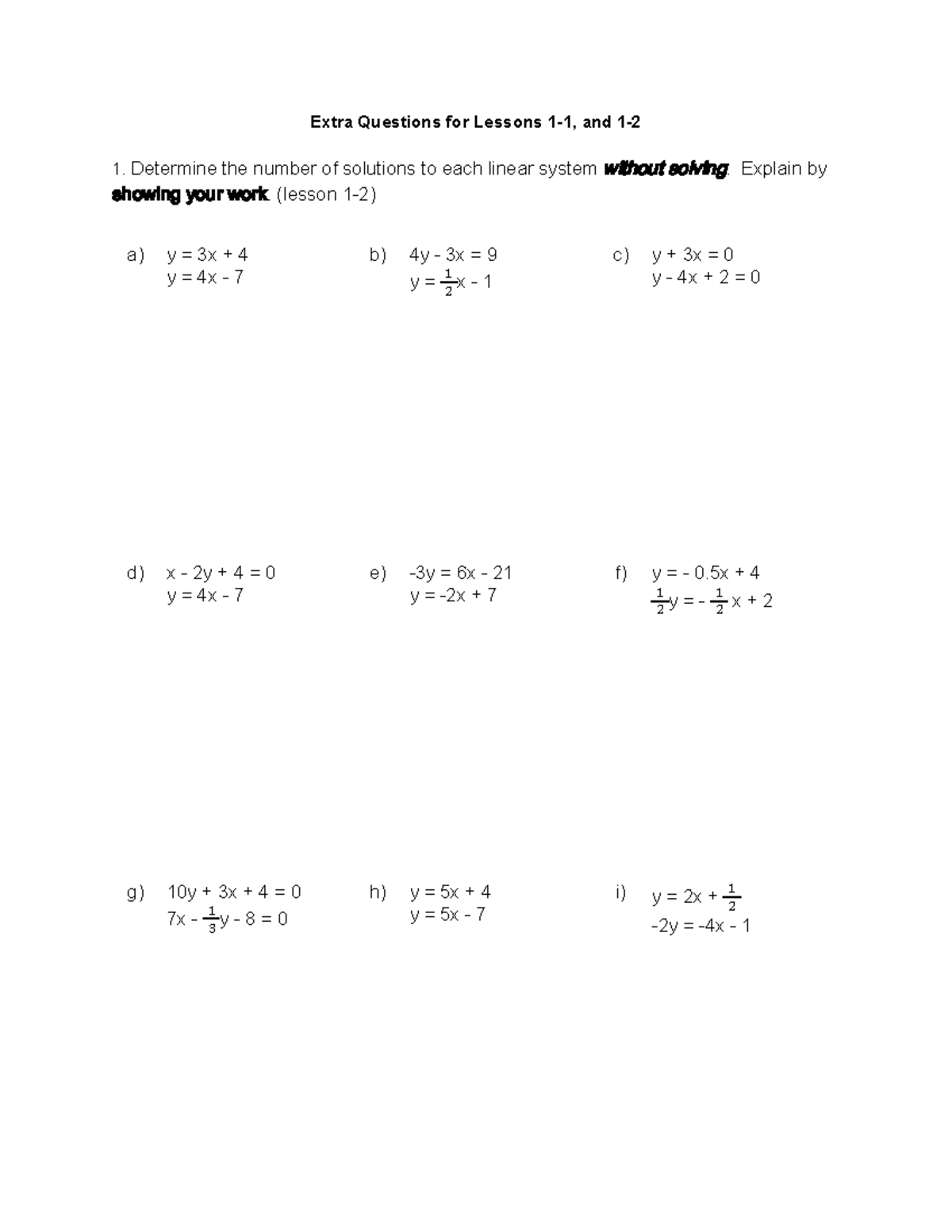 Lesson 1-1, 1-2 Extra Questions on Linear Systems Solutions - Studocu