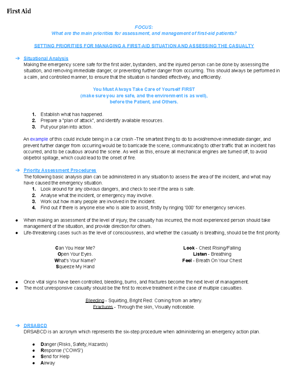 PDHPE - Prelim Notes - First Aid - First Aid FOCUS: What are the main ...