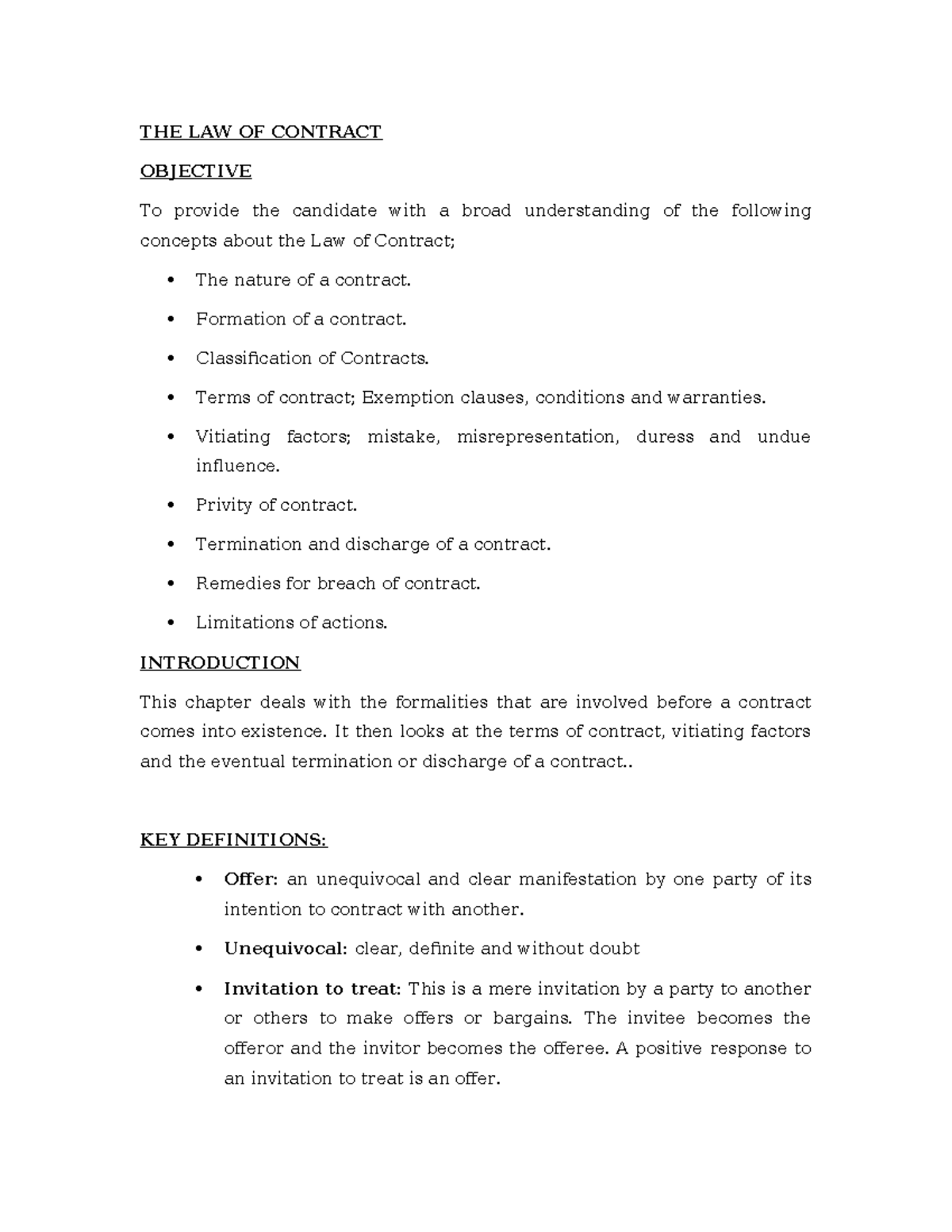 Law of contract notes (LAW101): Understanding formation and terms - Studocu