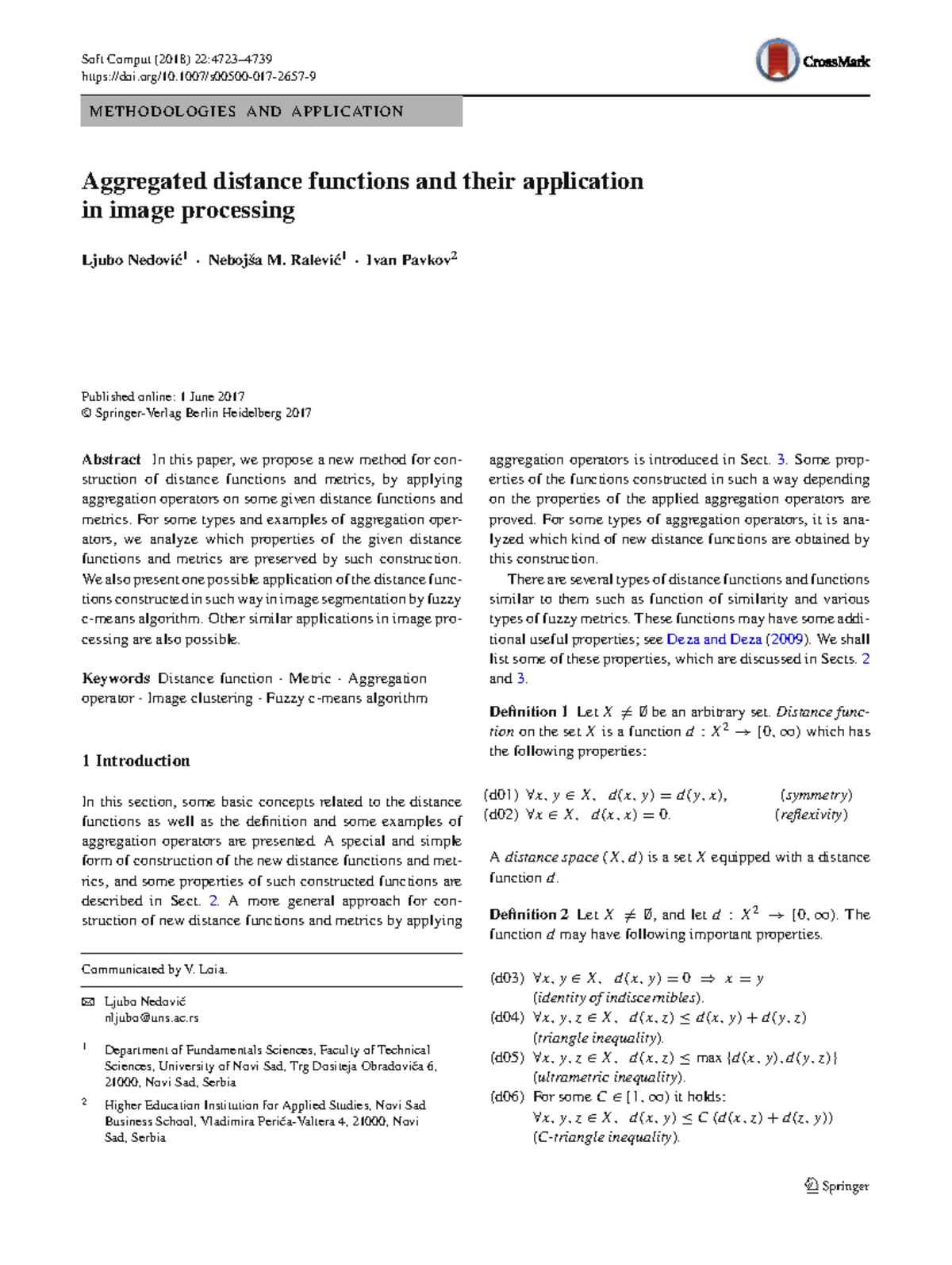 2018 METHODOLOGIES: Aggregated Distance Functions in Image Processing ...
